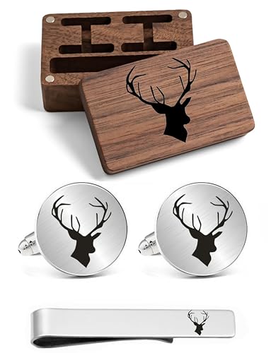 Kooer Birthday Gifts For Husband, Stainless Steel Engraved Deer Head Cufflinks Buck Stag Cuff Links Tie Bar Set Men's Jewelry Gifts For Husband Father Dad Boyfriend