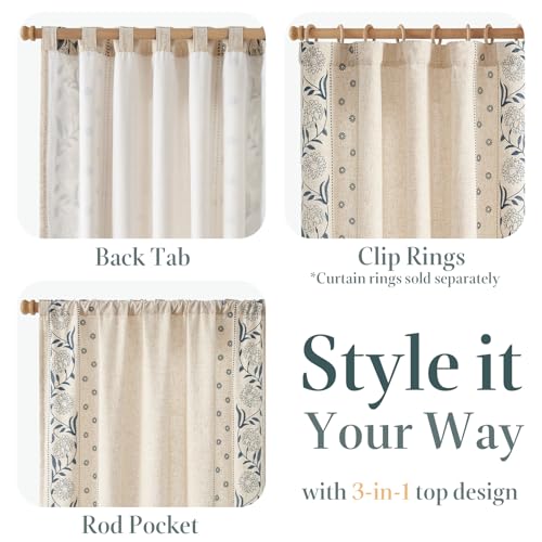 Image of jinchan Blue Floral Linen Curtains for Living Room 84 inch Back Tab 2 Panels