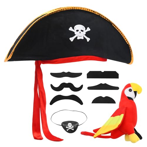 JUUDDENPARTS 9 Pcs Pirate Costume Accessories Set for Adults, Pirate Captain Hat with Parrot Eye Patch 6 Mustaches, Skull Tricorn for Halloween Cosplay Party Dress Up