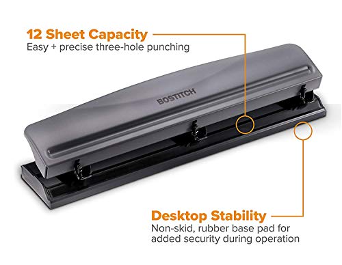 Image of Bostitch Office Premium 3 Hole Punch, 12 Sheet Capacity, Metal, Rubber Base, Easy-Clean Tray, Silver, Gray