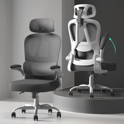 Image of Submi Desk Chair, Ergonomic Office Chair for Home, Computer Chairs with Lumbar Support & Flip-up Armrests, Adjustable Headrest, Breathable Mesh Office Task Chair for Adults, Study, Black-White