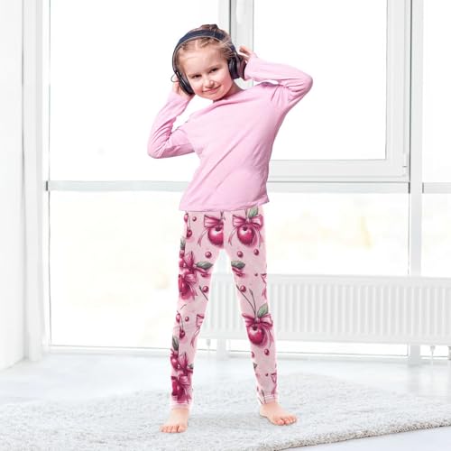 Cherry Pattern Bows Pink Leaves Girls Leggings Kids Yoga Pants Dance Active Tights 4T4