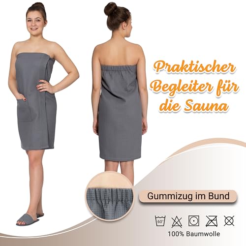 ZOLLNER Damensaunakilt in Waffelpique - grau - Einheitsgröße - Baumwolle - mit Gummizug und Klettverschluss - praktische Tasche mit Reißverschluss - waschbar bis 60°C - Oeko Tex® zertifiziert