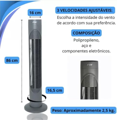 Ventilador de Coluna Torre Vertical 3 Velocidades Circulador de Ar Silencioso Compacto 50W Design Mo