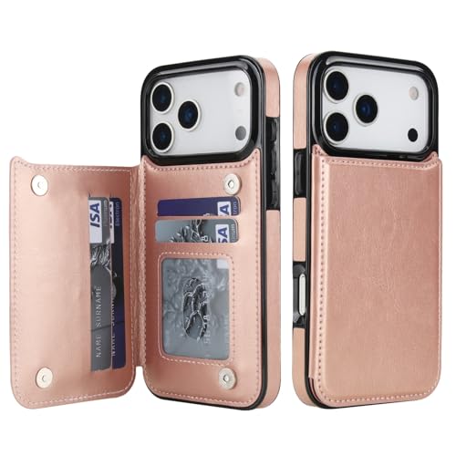 Housse rabat iPhone 17 Pro Max or rose : matériaux premium et silicone antichoc haute résistance