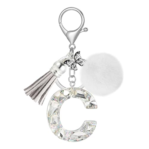 Jsrqt Llaveros Con Letra Inicial C Brillante, Resina Diamantes Cristales Llaveros Letras Del Alfabeto Para Coche Mujer, Colgantes Con Pompones Mariposa Dije Para Bolso De Moda, Para Bolso, Mochila