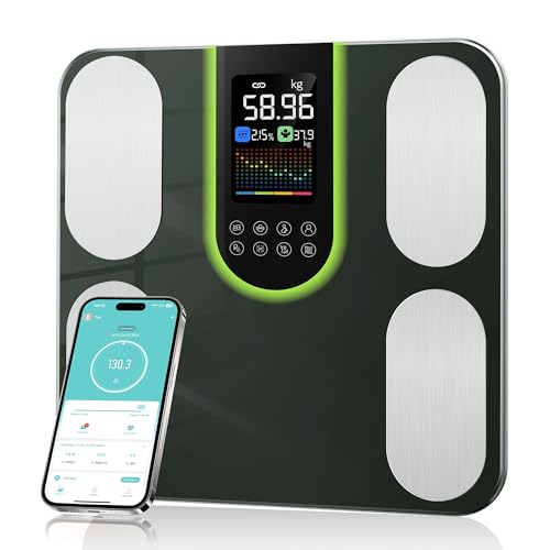 Körperfettwaage, Smart Waagen mit körperfett und muskelmasse, BMI, Viszerales Fett, Körperwasser(20 Körperwerte) - Personenwaage mit Körperfettanalyse, 4-Elektroden BIA Technologie, bis 180kg grüner