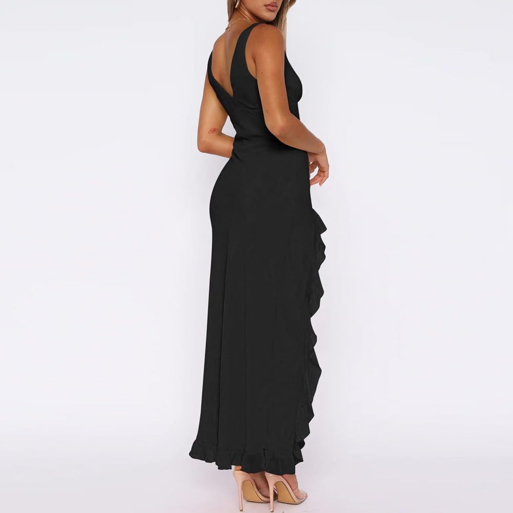 Vestido Mujer Maxi sin Manga con Cuello V Rajado Verano Elegante Volante Dobladillo Maxivestido para Cóctel Fiesta Noche(Negro/S)