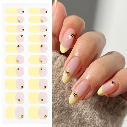 JMEOWIO Gel Nail Stickers Bee Yellow French Tip Semi Cured