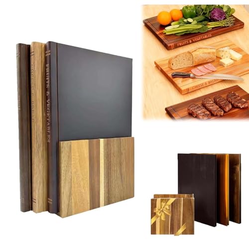 Robuste Lot de 3 Planches à Découper en Forme de Livre avec Support, Bois Massif Planche Cuisine RéVersible, Planche à Hacher Compatible Lave-vaisselle pour Légumes, Fruits, Viande