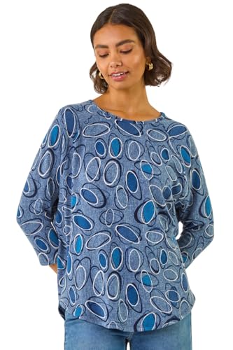 Image of Roman Originals Stretchy Top for Women UK - Ladies Jersey Blouse Smart Casual Tunic Work 3/4 Length Sleeve Round Neck Boat Neckline Flattering Autumn Winter - Circle Cobalt - Size 18