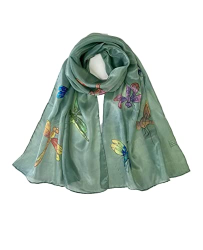 Invisible World Women's 100% Mulberry Silk Scarf Hand Painted Dragonfly Celadon