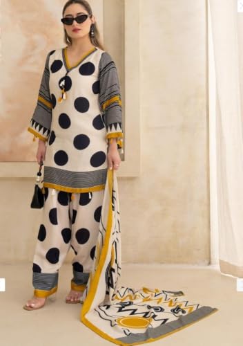 Image of Women's Pure Cotton 60-60 Printed Short Anarkali Kurta, Pant, and Dupatta Set with Front Dori and Heavy Tassels (Polka Dot Black & Cream)