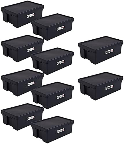 2 X Heavy Duty Strong Recycled Plastic Storage Box Boxes With Lids - 36L 36 Litre - Black
