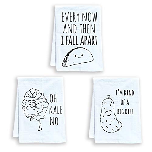 Moonlight Makers Funny Dish Towels, Set of 3, Funny Kitchen Towels, Flour Sack Kitchen Towel, Sweet Housewarming Gift, Farmhouse Kitchen Décor (Taco, Kale, Dill)