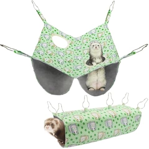BESNEW Enlarged Ferret Rat Hammock Set,2 Holes Waterproof Guinea Pig Hammock,Cute Guinea Pig Printed Toys Hanging Tunnels and Tubes Soft Hiding Playing Sleeping Cover