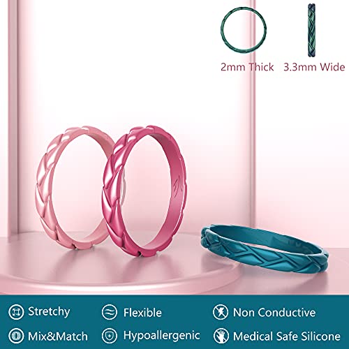 Zollen 10 Packs Wheat Shape Silicone Wedding Rings for Women, Metallic Rubber Wedding Bands Stackable Ring2