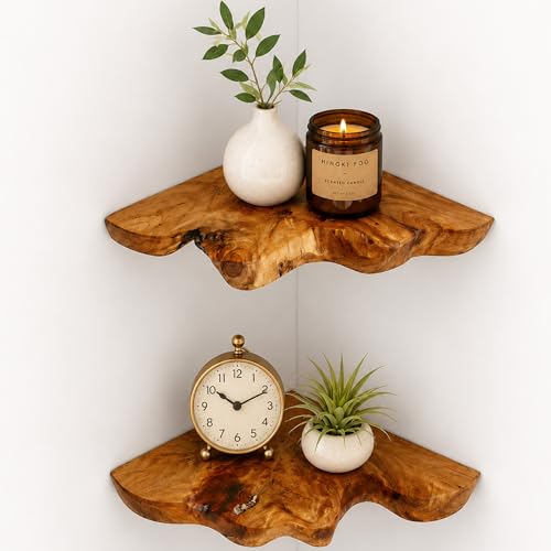 DRALENOMAR Floating Corner Shelf Set of 2, Handcrafted Live Edge Corner Wall Shelves, Cedar Root Wood Decor for Small Plants, Candles, Bedroom, Bathroom, Entryway, Kitchen, 7 x 7 Inch