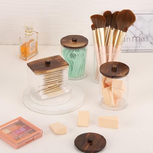Image of Tbestmax 4 Pack Qtip Holder Dispenser, 10 /7oz Bathroom Container for Cotton Ball Cotton Swabs Pads, Apothecary Jar with Wood Lids for Organizer and Storage (Brown)