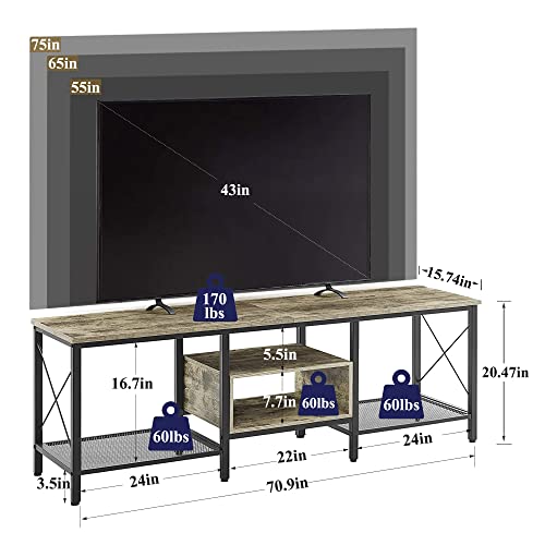 Vecelo Industrial Tv Stand For 75 Inch Television Cabinet 3-Tier Console With Open Storage Shelves, Entertainment Center Metal Frame For Living Room, Bedroom, 70 Inch, Grey #TOP5