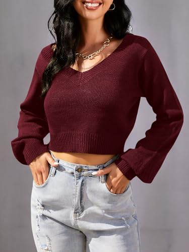 Image of ZAFUL Women's Cropped Sweater V-Neck Long Sleeve Pullover Jumper Knit Top