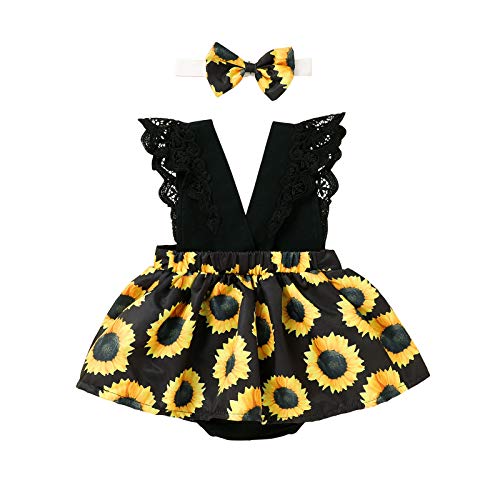 Baby Girls Romper Dress V-Neck Backless Lace Sunflowers Bodysuit Princess Dresses with Headband Infant Carnival Clothes