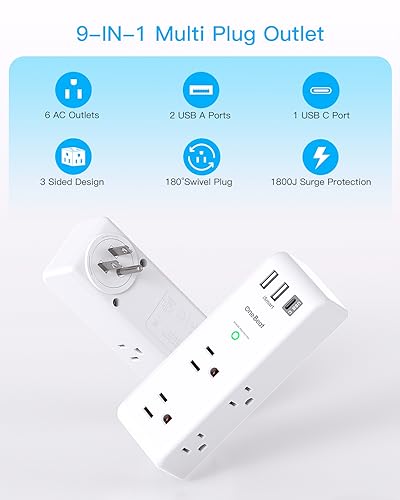 Surge Protector Outlet Extender with Rotating Plug, One Beat 6 AC Multi Plug Outlet with 3 USB Ports (1 USB C), 1800 J, 3-Sided Swivel Power Strip Spaced Outlet Splitter for Dorm Office, White-2 Pack