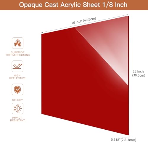 Image of Red Acrylic Sheet 12 inch x 16 inch x 1 /8 inch Thick, ALCCIFI 2 Pack Opaque Glossy Cast Red Plexiglass for DIY Crafts, Signage, Laser Cutting & Engraving