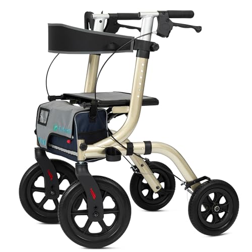 ELENKER All-Terrain Rollator Walker with Seat, Outdoor Rolling Walker, 12” Non-Pneumatic Tire Front Wheels, Compact Folding Design for Seniors, Champagne