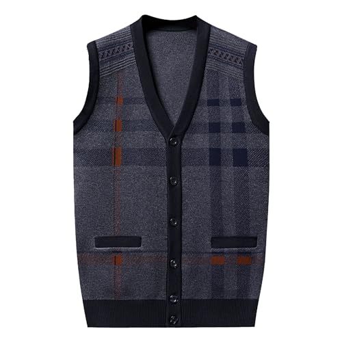Men's Vest Cardigan Male V-Neck Button Up Sleeveless Sweater Man Plaid Slim Fit Casual Knitwear