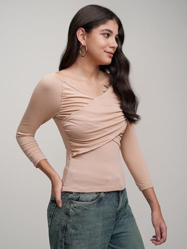 Image of Tokyo Talkies Women's Round Neck Full Sleeve Regular Top with Wrap Gather | Stylish & Comfortable | Perfect for Casual & Day Outings | Tops for Woman | Women Tops | Stylish Top
