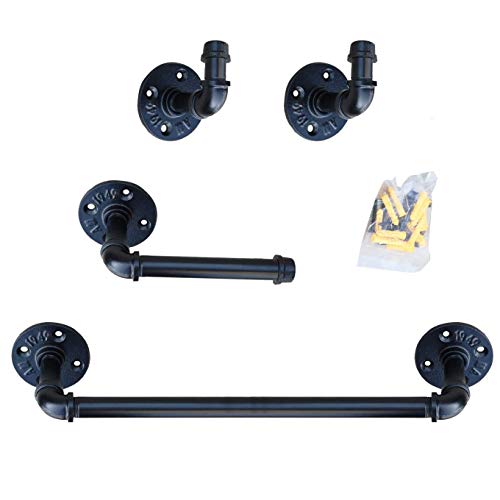 MY RUSTIC Industrial Pipe Bathroom Hardware Fixture Set Heavy Duty DIY Wall Mount Accessories Kit Includes Robe Hook,18 Inch Towel Bar and Toilet Paper Holder,Coated Finish