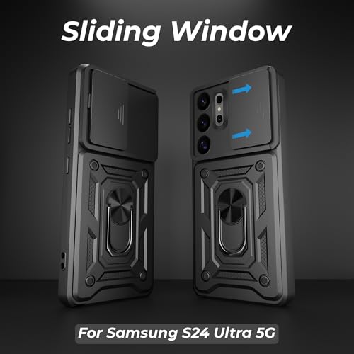 Image of A rtistque Armor Bumper Back Cover Case for Samsung Galaxy S24 Ultra 5G | Ring Holder Stand | Sliding Camera Protection | Shockproof Rugged Design | Samsung S24 Ultra Back Cover - Black