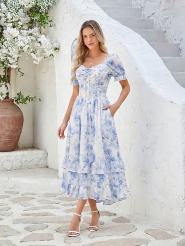 Image of Scarlet Darkness Women Floral Maxi Dress Puff Sleeve Tea Party Corset Dress | Pockets, Ruched Bust, Ruffled Hem, for Cottagecore Fairy Milkmaid Vacation