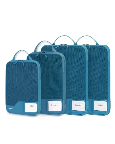ECOHUB Compressione Organizer da Viaggio, 4 Pezzi Borsa Organizzatori per Valigie con Etichetta, Packing Cube per Borse da Viaggio Riciclate per Zaino, Verde acqua