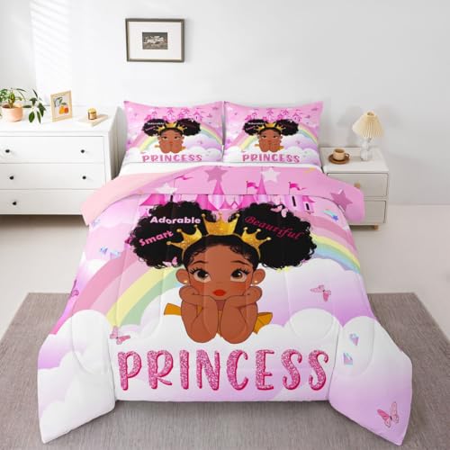 Image of Erosebridal Black Girls King Bedding Set Rainbow Princess Magical Comforter Set for Nursery Kids African American Quilt Black Princess Girl Duvet Insert Pretty Little Girls Inspirational Bed Set