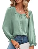 Square Neck Tops for Womens Dressy Casual Puff Sleeve Shirts Button Up Tshirts Tunic Spring Plain Cl