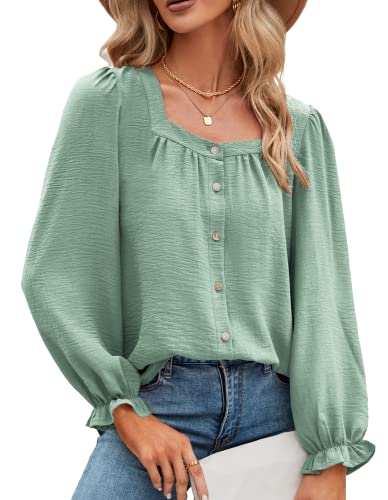 Square Neck Tops For Womens Dressy Casual Puff Sleeve Shirts Button Up Tshirts Tunic Spring Plain Clothes Fashion 2023 Green #TOP8