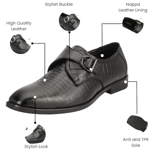 Image of Leatherful Single Monk Strap Shoe, Genuine Leather, Black, TPR Sole, Nappa Leather Lining