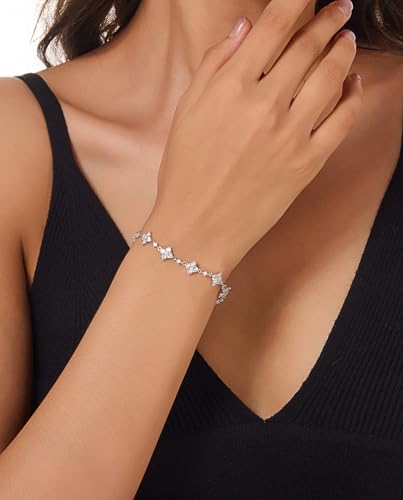 Dainty Gold Silver Bracelet for Women Trendy Non Tarnish 14K Gold Plated Cubic Zirconia Bracelet Simple Butterfly Flower Cubic Zirconia Bracelets Jewelry Gift for Women