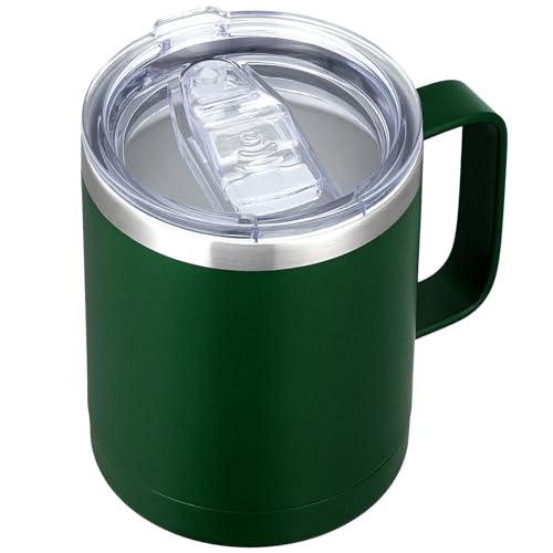 Image of MEWAY 12oz Coffee Mug With Handle and Sliding Lid,Stainless Steel Travel Tumbler Cup with Handle,Double Wall Vacuum Insulated Camping Cup for Hot & Cold Drinks Tea (Forest Green,Set of 1)