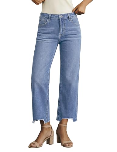 luvamia Straight Leg Denim Jeans for Women Cropped Trendy Mid Rise Baggy Loose Distressed Casual Raw Hem Stretchy Denim Women's Frayed Hem Jeans Roadknight Blue Small US Size 4-6
