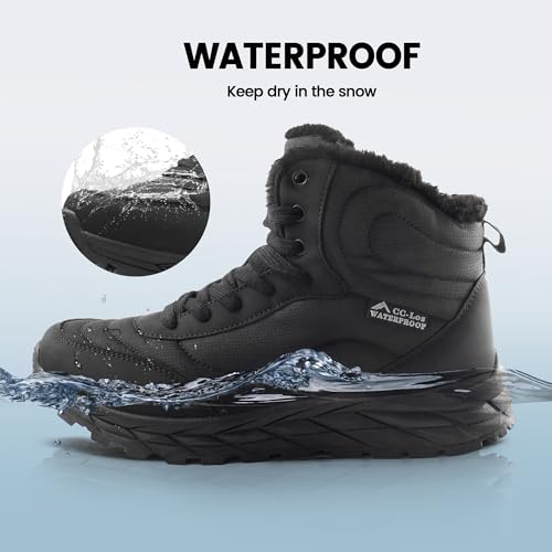 CC-Los Damen Winterstiefel Wasserdicht mit Warmem Kunstfellfutter, Rutschfeste Outdoor Knöchelstiefel für Schnee, Wandern und Kaltes Wetter | Schwarz 39