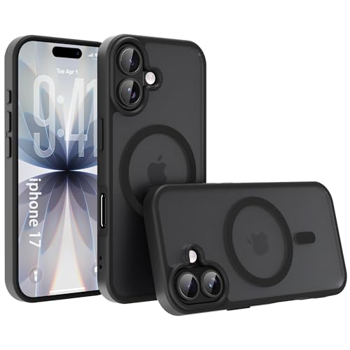 PinLiSheng iPhone 17 用 ケース MagSafe対応 ・3倍米軍MIL規格 PC背面TPUバンパー 耐衝撃 黄変防止 指紋防止 アイフォン17 マグネット搭載 マグセーフ対応 耐衝撃 SGS認証 薄型 ストラップホール付き いPhone17 対応 6.3インチ(ブラック, Iphone 17)