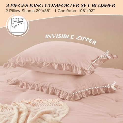 Image of HARBOREST King Comforter Set Blusher - Ruffle Comforter for King Size Bed, Fluffy King Size Comforter Set for All Seasons, 3 Pieces Shabby Chic Bedding Comforter Set(1 Comforter & 2 Pillow Shams)
