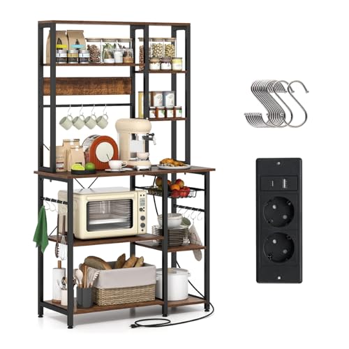 KOMFOTTEU Estantería de Cocina de 9 Niveles, Soporte para Microondas de Madera con Marco de Metal, Estante de Panadería con Cesta y Ganchos, Mueble Auxiliar para Comedor, Salón, 99 x 40 x 170 cm