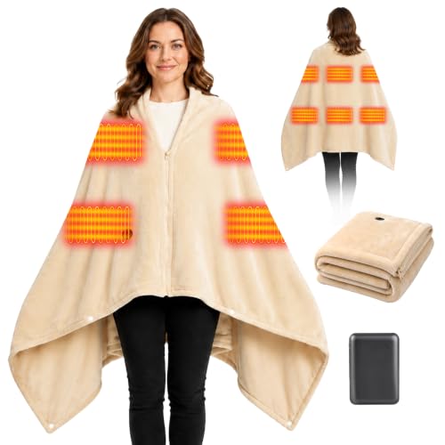 Moteoza Couverture Chauffante Sans Fil 160x90 cm, Plaid Chauffant Batterie 10000mAh, 6 Zones, 3 Niveaux, Flanelle Lavable pour Maison, Bureau, Camping, Voiture, Femme et Homme, Kaki