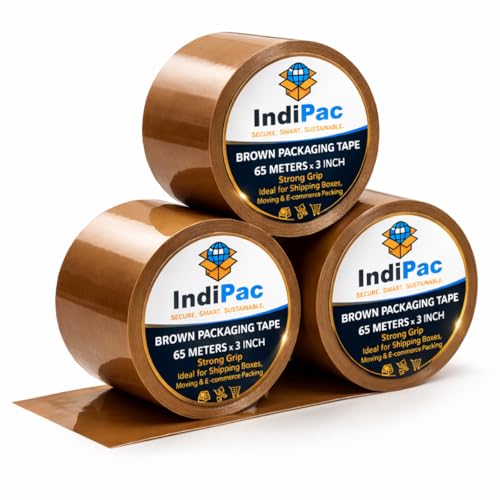 Image of Indipac BOPP Cello Tape 65m Roll - Heavy Duty Sealing Tape for Carton Box Packing, Warehouse, Industrial, Office & Ecommerce Packaging (Pack of 4) Brown, 3 Inch