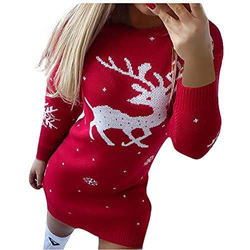 Sweater Dress for Women Christmas Sexy Elegant Long Sleeve Crewneck Mini Dresses Fall and Winter Warm Wrap Club Party Elk Snowflake Print Comfy Plus Size Casual Tshirt Dresses(Red,Large)