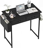 OLIXIS Small Desk with Fabric Drawers for Home Office, 32 Inch Gaming Computer Desk with Side Bag, Headphone Hook Writing Study Work Table for Bedroom Small Sapce, Chic Black